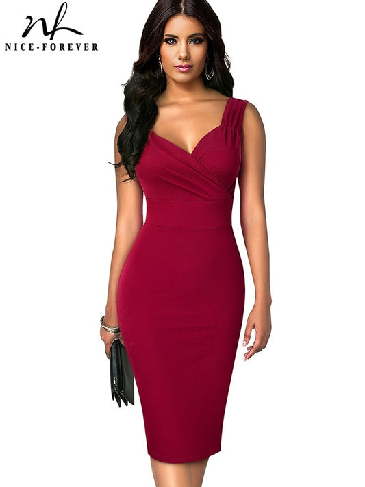 Nice-forever Summer Women Solid Color Sexy Deep V Elegant Dresses Cocktail Wedding Party Vintage Bodycon Sheath Dress B695
