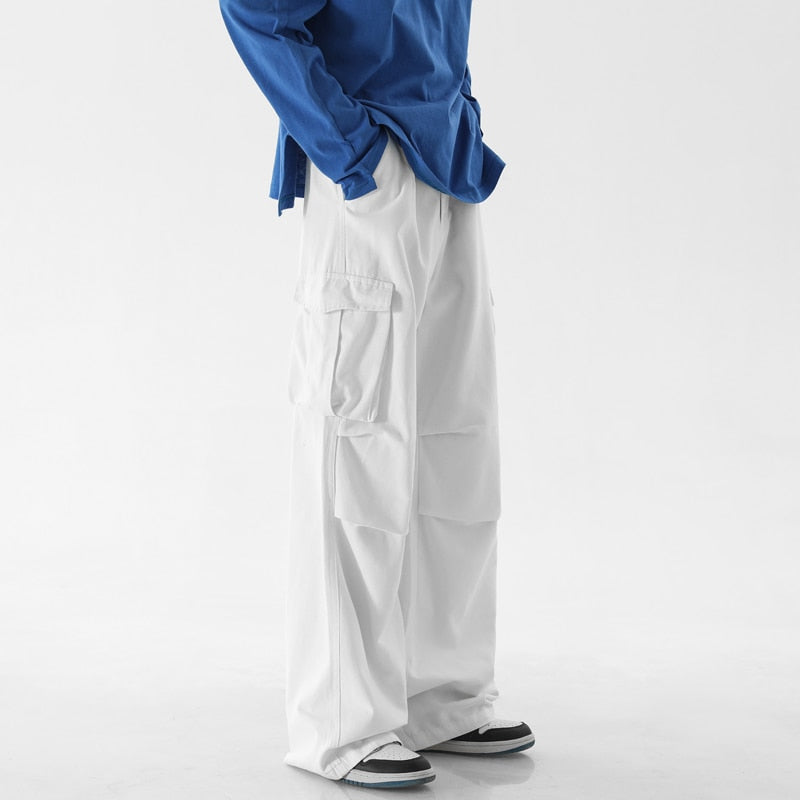 Japanese Retro Coffee Cargo Pants Men's Plicated Straight Tube Cityboy Pant Fashion Streetwear Vintage Mopping Trousers White