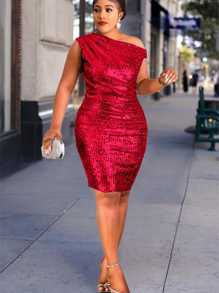 Large Size Sequins Dress Women Club Wear Bodycon One Shoulder Robes Femmes African Sleeveless Mini Inclined Shoulder Ball Gowns