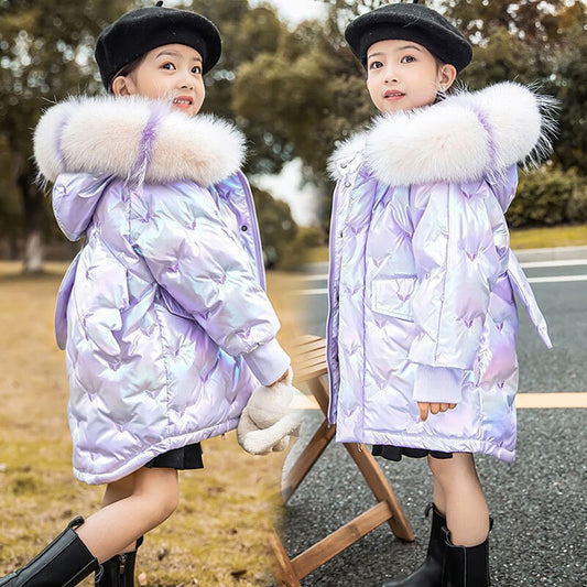 Girls Hooded Down Parkas Fur Collar Outerwear 3-10 Years 2022 Winter Girl Thick Warm Shiny Jacket Long Coats Kids Down Jackets
