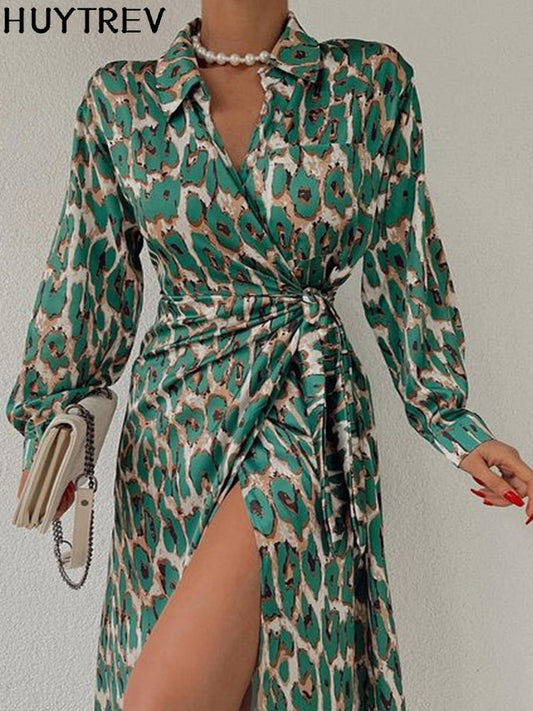 Fashion Leopard Print Midi Dress For Women Elegant Office Lace-Up Cardigan Lady Casual Long Dresses Autumn Long Sleeve Vestidos