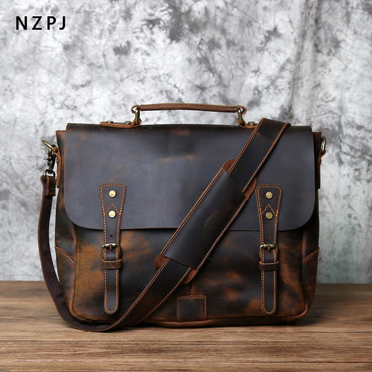 Retro Leather Men's Handbag Top Layer Leather Horizontal Computer Bag Crazy Horse Leather Men Casual Shoulder Messenger Bag NZPJ