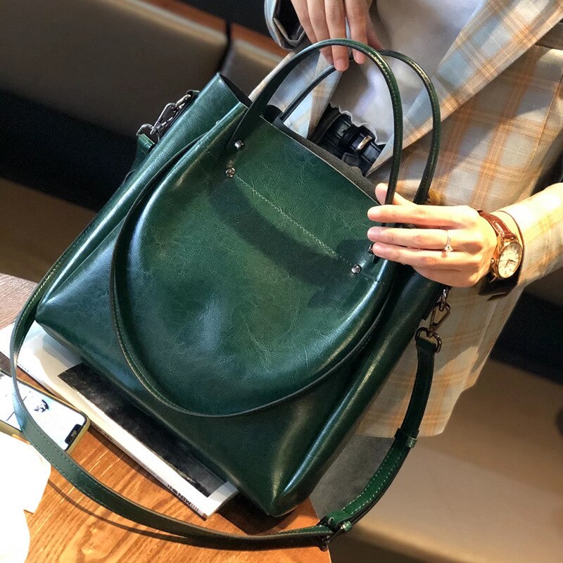 One-shoulder Large Casual Tote Fashion Messenger Cowhide Leather Women's Bag Large-capacity Ladies Handbag Bucket High Quality