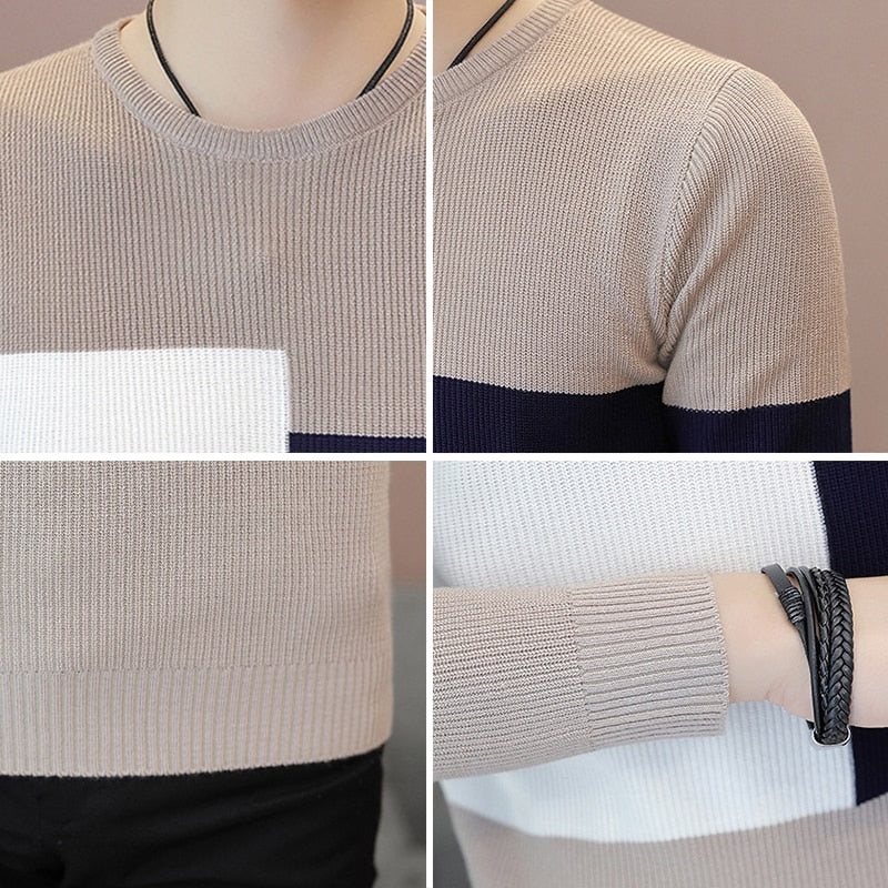 Mens Knitted Pullovers Contrast Color Stitching Slim Round Neck Sweater Fashion Casual Base Kintwear Male Clothing Autumn/Winter