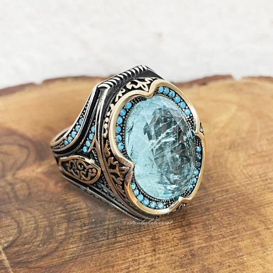 Vintage Metal Craftsman Engraved Signet Ring Inlaid Sea Blue Zircon Men's Business Punk Biker Ring