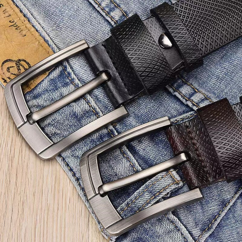 105-125CM Men's Belt Genuine Leather Vintage Belt Mesh Trend Embossed Pin Buckle Casual Jeans Leather Belt