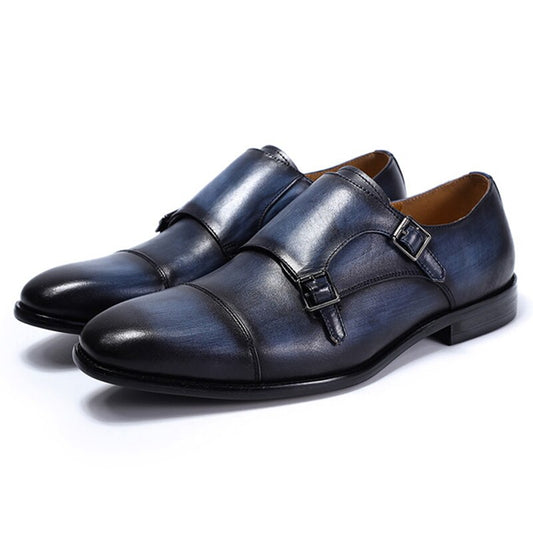 Luxury Men's Genuine Leather Formal Shoes Classic Double Buckle Monk Strap Cap Toe Business Office Dress Shoes Male Wedding Shoe