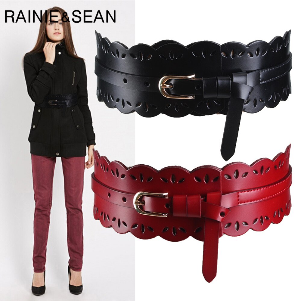 RAINIE SEAN Leather Cummerbund Women Elegant Wide Solid Wine Red Belt Cummerbunds Female Corset Ladies Broadband Waist Belts