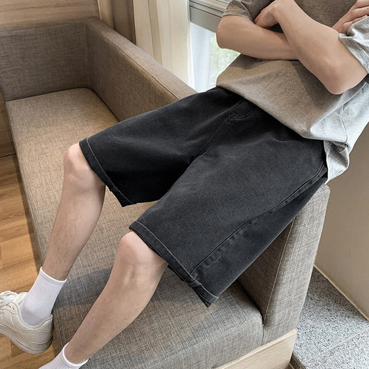 2023 summer new men's loose casual denim shorts elastic waist drawstring black shorts brand men's clothing