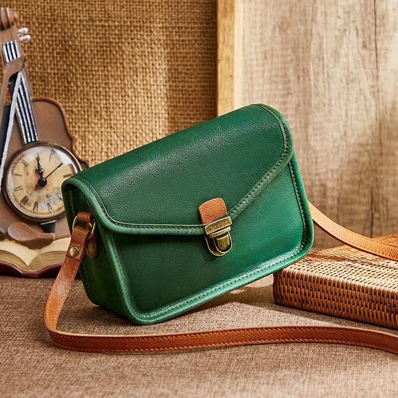 2022 New Vegetable Tanned Leather Bag Retro Single Shoulder Messenger Small Square Bag