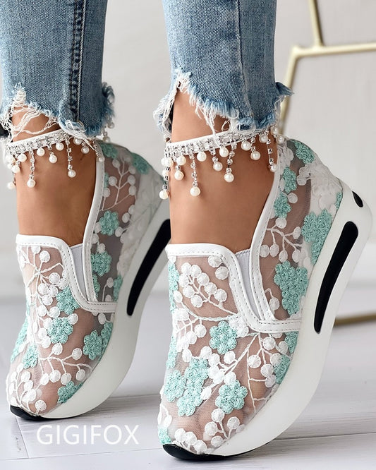 GIGIFOX Platform Wedges women's Sneakers Floral Embroidery Mesh Sneakers For Women Slip On Casual Comfy Heeled Shoes Woman