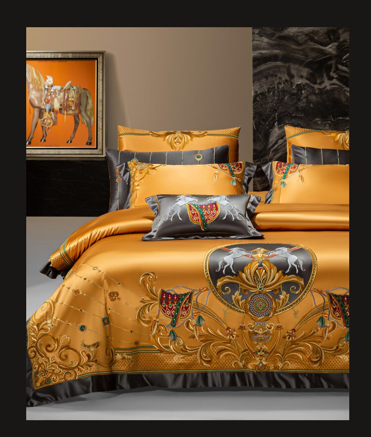 Golden/Red Luxury Palace Silk Brocade Egyptian Cotton Bedding Set Chic Embroidered Duvet Cover Bed sheet Bedspread Pillowcases