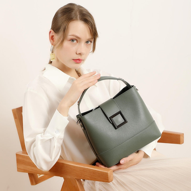 New Fashion Messenger Women's Top-layer Cowhide Bucket Bag Ladies Versatile Shoulder Bag Genuine Leather Handbags Casual Tote