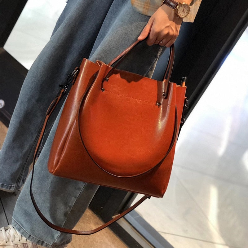 One-shoulder Large Casual Tote Fashion Messenger Cowhide Leather Women's Bag Large-capacity Ladies Handbag Bucket High Quality