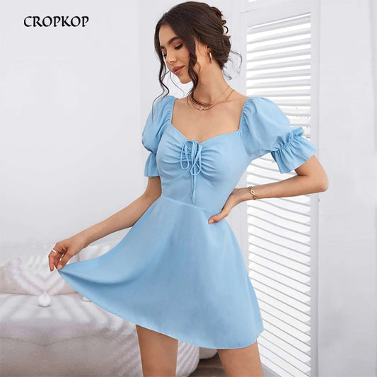 Puff Short Sleeve Dress Women Summer Sexy Backless Blue Beach Dress Casual Elegant Square Collar Lace-up Mini Party Dresses 2022