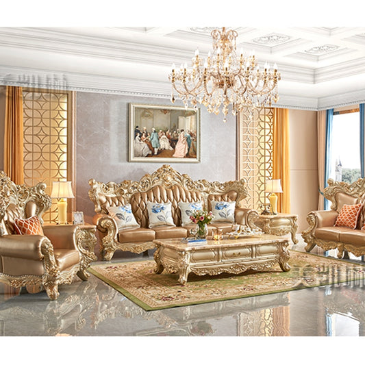 European-style Large-sized Leather Sofa Combination, American Luxury Carved Solid Wood Sofa, High-end Champagne Gold Foil