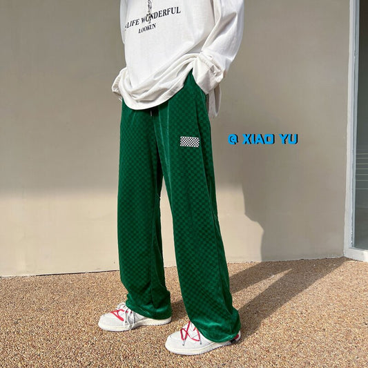 Green high-end velvet pants oversize men's straight wide-leg pants look forward to plaid mopping pants Black khaki 4XL 5XL