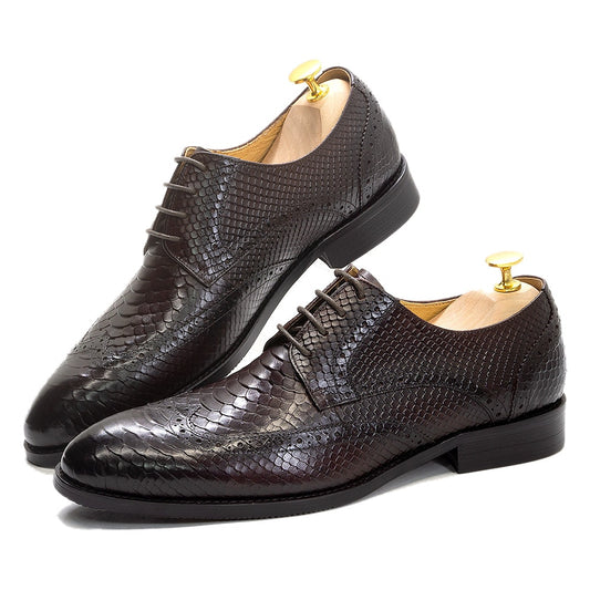 Classic Italy Style Men's Dress Shoes Full Grain Cow Leather Snake Pattern Lace-Up Wingtip Business Formal Derby Shoe for Men