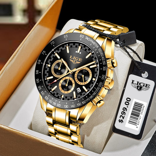 LIGE Luxury Gold Metal Wirst Watches Men 2022 Business Quartz Wristwatches Steel Chain Male Clock relogio masculino Men relojes