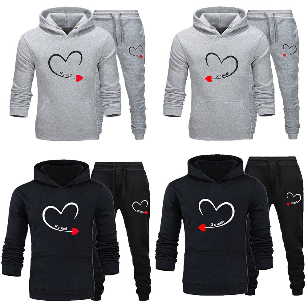 2023 Couples Tracksuit Love Heart Print Lover Hoodie and Pants 2 PCS Clothes Men Women Sweatshirts and Trousers Fleece Suits