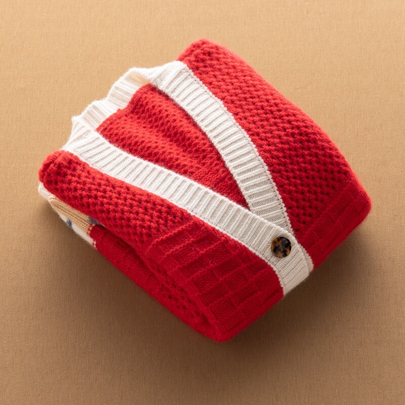 Tall Goods 100% Cashmere Thickened Hollow Color Matching Cashmere Cardigan Sweater Women's V-neck Temperament Fashion Top Coat