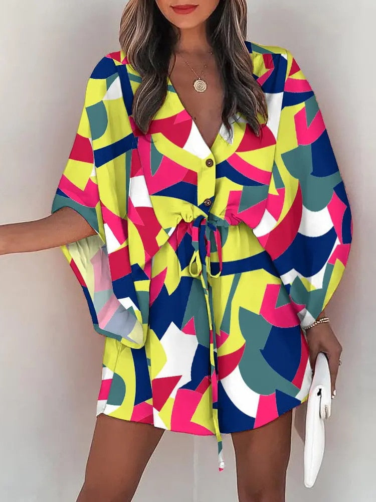 Casual Boho Beach Vacation Mini Dress Women Summer Print Lace Up Button Batwing Sleeve Dresses For Women's Loose  Female Robe