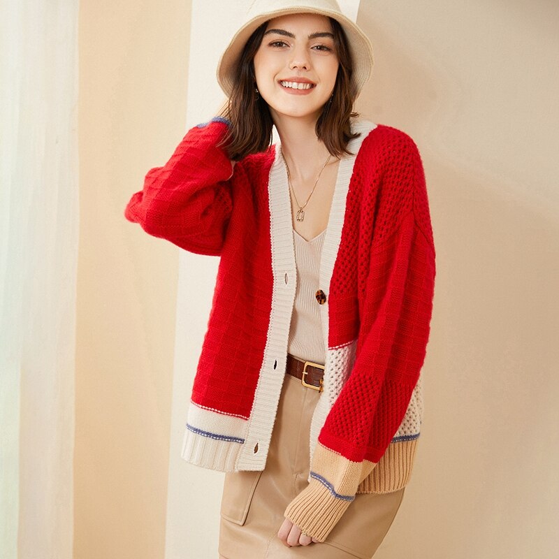 Tall Goods 100% Cashmere Thickened Hollow Color Matching Cashmere Cardigan Sweater Women's V-neck Temperament Fashion Top Coat