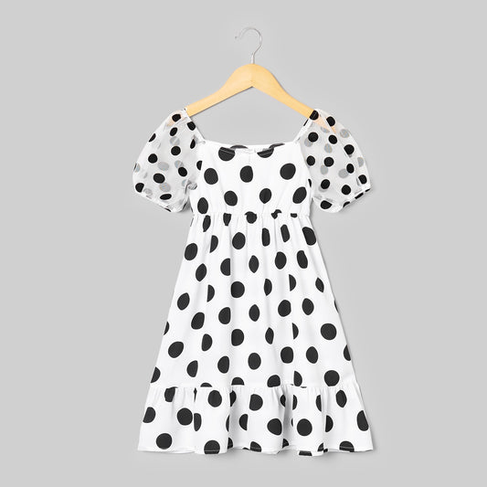 PatPat Black & white Polka Dot Cross Slant V-neck Mesh Puff Sleeves Ruffle Skirt Matching Midi Dresses for Mother and Daughter