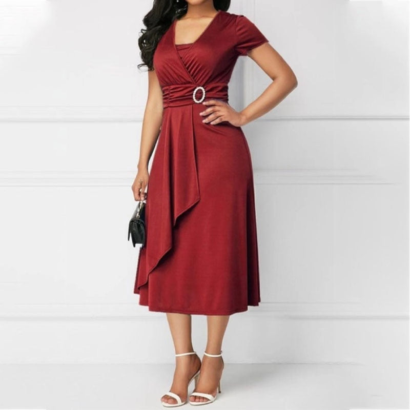 Fashion Elegant Solid Color High Waist Party Dress Women's Clothing Commute Short Sleeve Asymmetrical Patchwork Midi Dresses