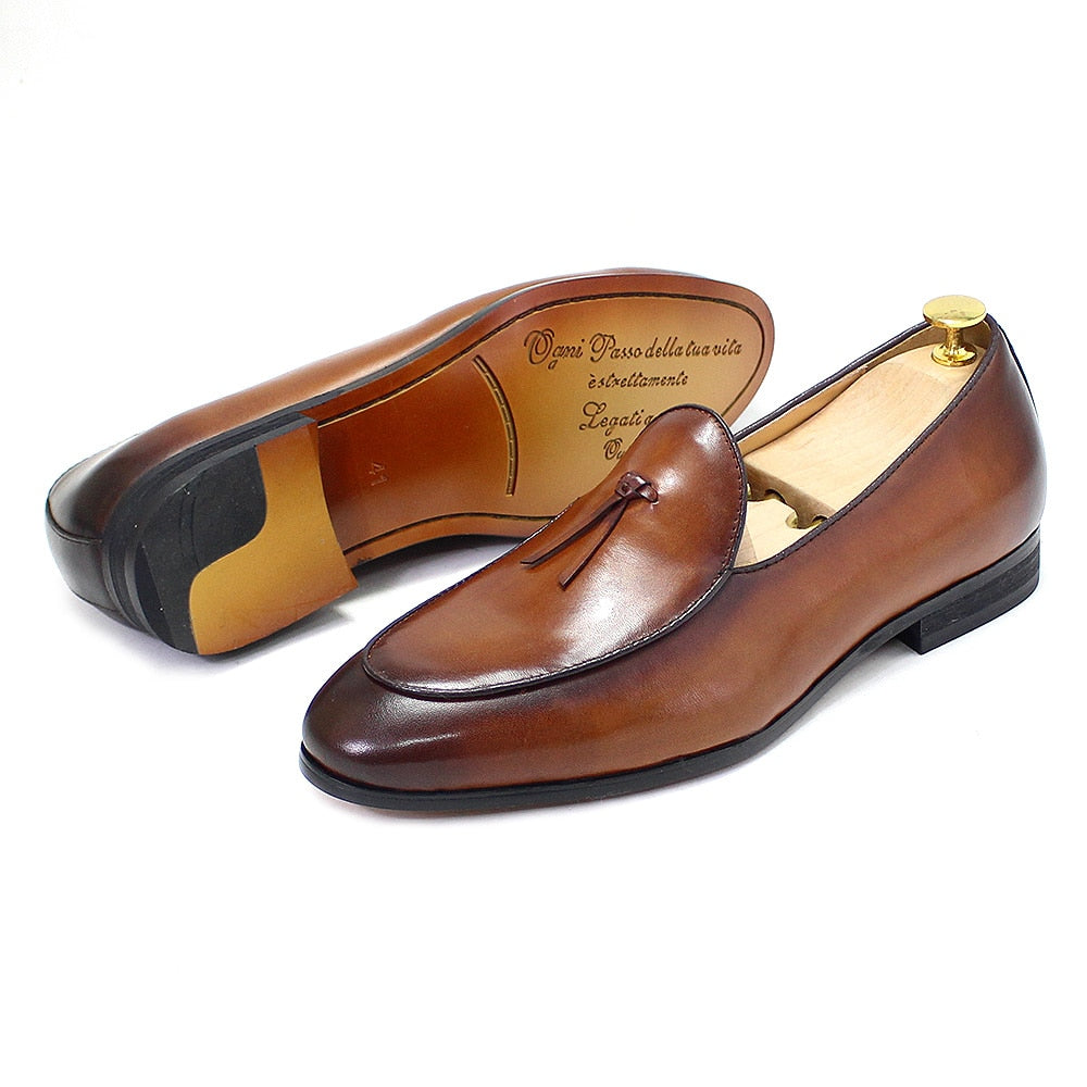 Classic Italian Style Mens Tassel Loafer Calf Genuine Leather Handcrafted Slip-on Wedding Dress Shoes Party Formal Shoe for Men