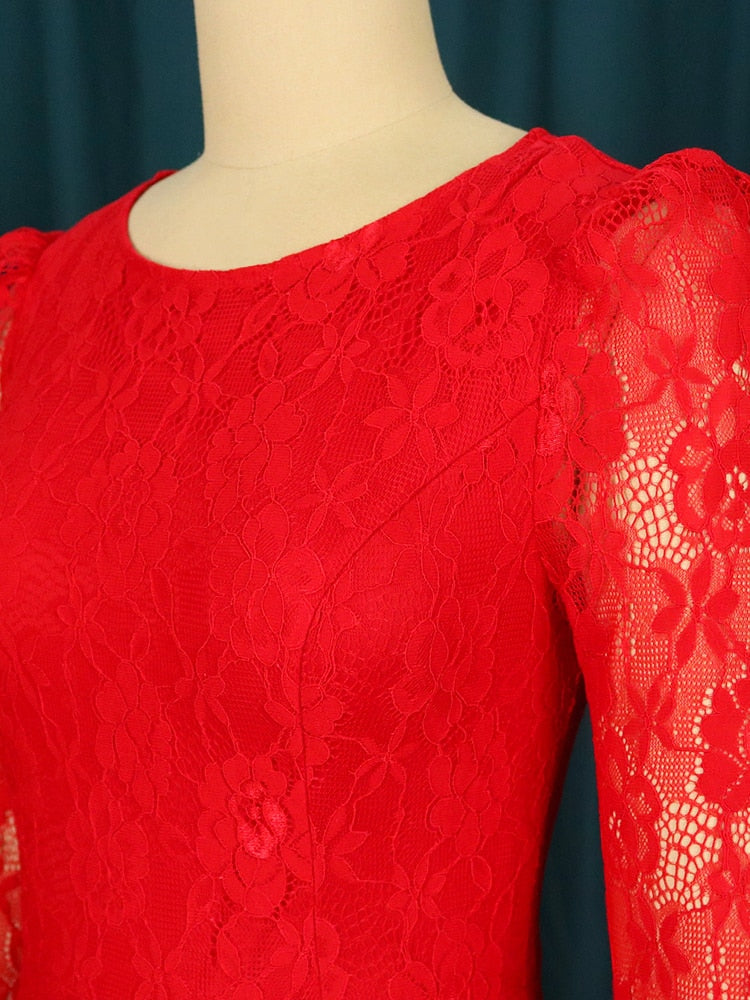 Big Size Women's Red Lace Mini Dress Ruffle Sleeve O Neck Slim Fit Elegant Sexy Dresses for Female Birthday Party 2022 Spring