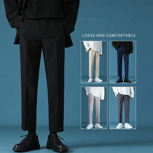 Spring and Summer Men's Loose Pants Straight Pants Solid Color Casual Suit Cropped Pants Korean Clothes Black Khaki Blue Grey