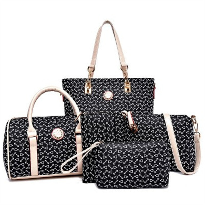 TRAVEASY Women's Bag 2022 New Vintage Mother Bag 5 PCS Set Fashion Bone Pattern One-Shoulder CrossBody Casual Ladies Tote Bags