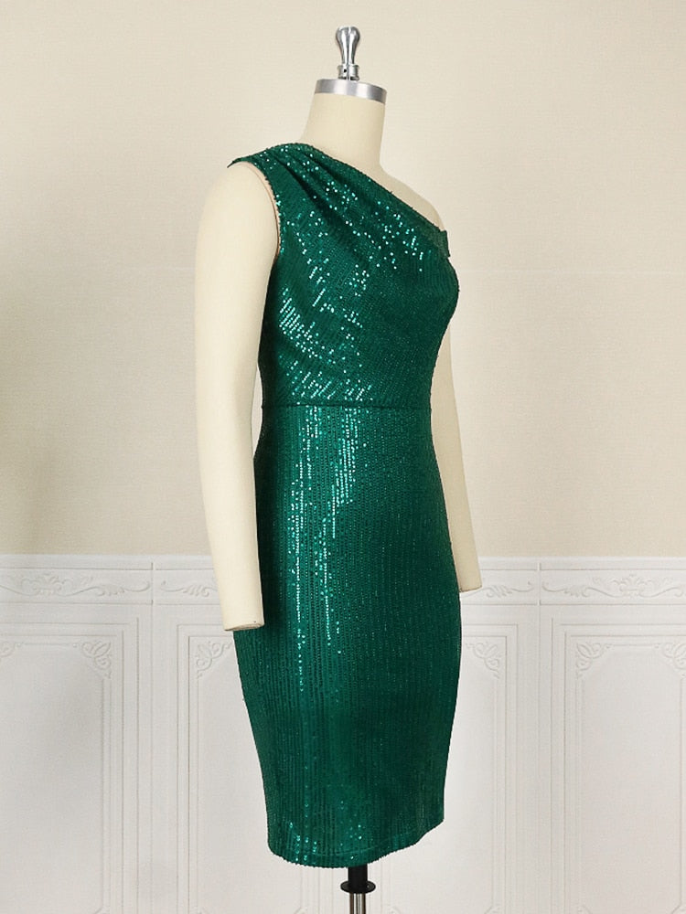 Large Size Sequins Dress Women Club Wear Bodycon One Shoulder Robes Femmes African Sleeveless Mini Inclined Shoulder Ball Gowns
