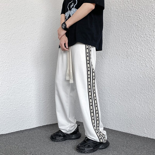 Korean style fashion men's lace-up knitted sweatpants loose straight wide leg pants boy jogging trousers casual pants black grey