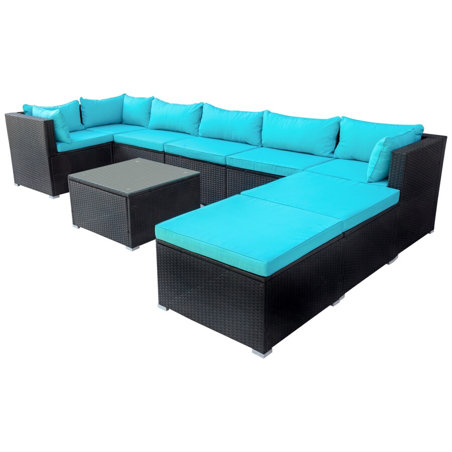 9-piece Outdoor Patio PE Wicker Rattan conversation Sectional Sofa sets removable soft cushions Black wicker, Beige/blue cushion