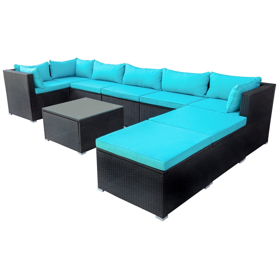 9-piece Outdoor Patio PE Wicker Rattan conversation Sectional Sofa sets removable soft cushions Black wicker, Beige/blue cushion