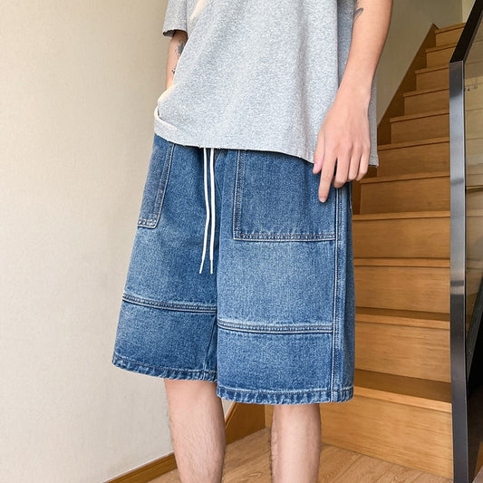2023 Summer New High Street Casual Versatile Denim Capris Elastic Waist Men's Korean Style Loose Wide Leg Large Pocket Shorts