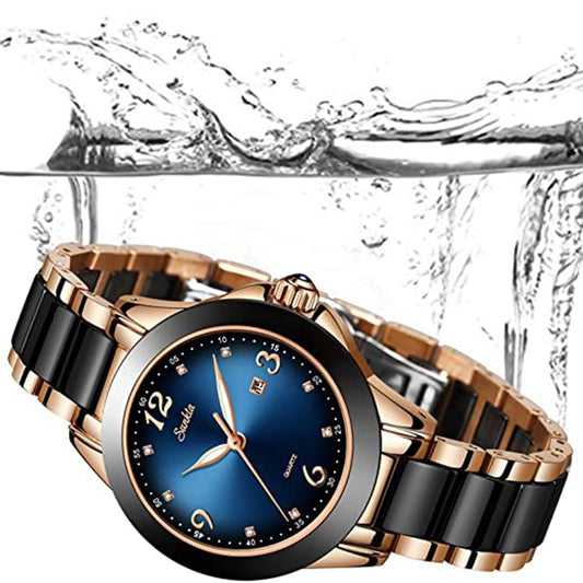 Women's Watches SUNKTA Ladies Quartz Watch Fashion Waterproof Ceramic Stainless Steel Band Watch Black Gold Wrist Watch+Box