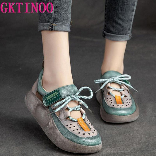 GKTINOO Hook & Loop Shoes Women Sneakers Genuine Leather Mixed Colors 2023 New Handmade Comfortable Retro Platform Sneakers