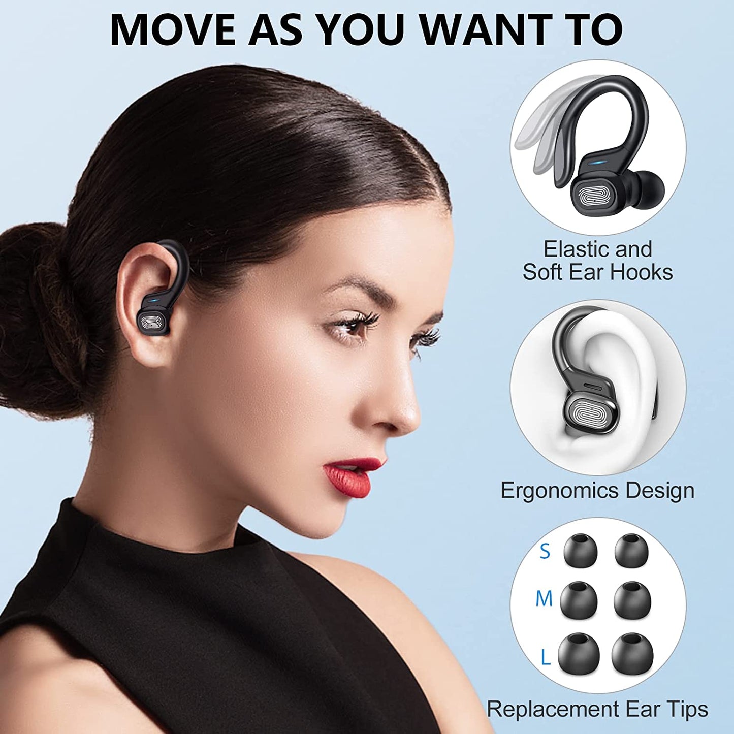Sports Bluetooth Wireless Headphones with Mic IPX6 Waterproof Ear Hooks Bluetooth Earphones HiFi Stereo Music Earbuds for Phone
