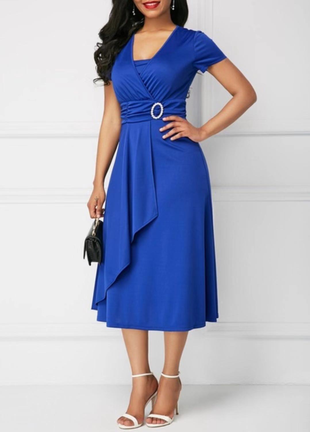 Fashion Elegant Solid Color High Waist Party Dress Women's Clothing Commute Short Sleeve Asymmetrical Patchwork Midi Dresses