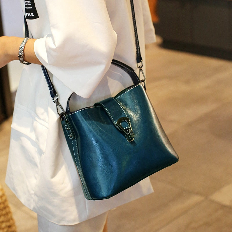 Real Cowhide Leather Women's New Bucket Bag Lady Fashion Single Shoulder Messenger Bag Versatile Handbag Casual Crossbody Bags