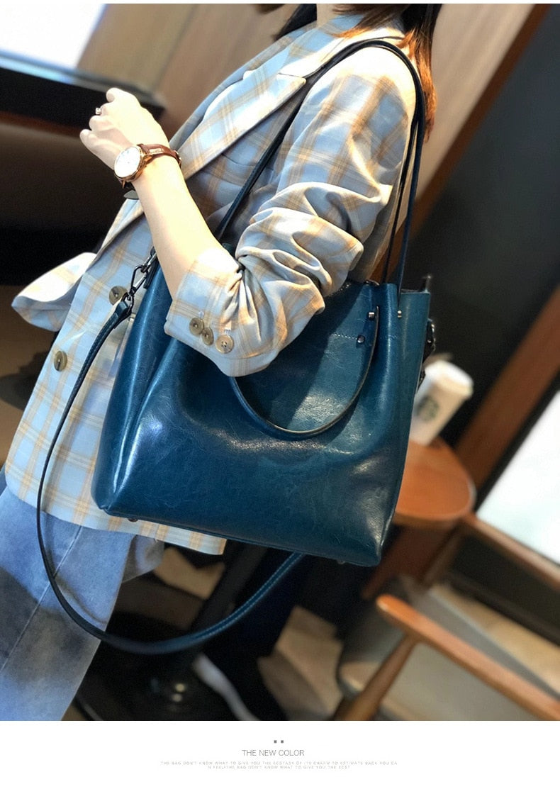 One-shoulder Large Casual Tote Fashion Messenger Cowhide Leather Women's Bag Large-capacity Ladies Handbag Bucket High Quality