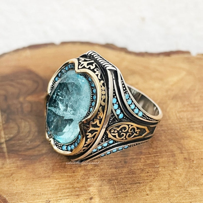 Vintage Metal Craftsman Engraved Signet Ring Inlaid Sea Blue Zircon Men's Business Punk Biker Ring