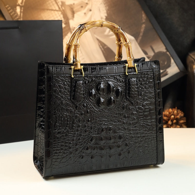 Brand Genuine Leather Bamboo Women's Bag Crocodile Pattern Ladies Handbag Portable Tote Bag Mom Tide Shoulder Messenger Bags