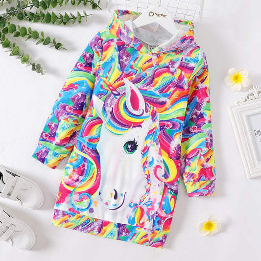 PatPat Kid Girl Unicorn Rainbow Print Long-sleeve Hooded Sweatshirt Dress