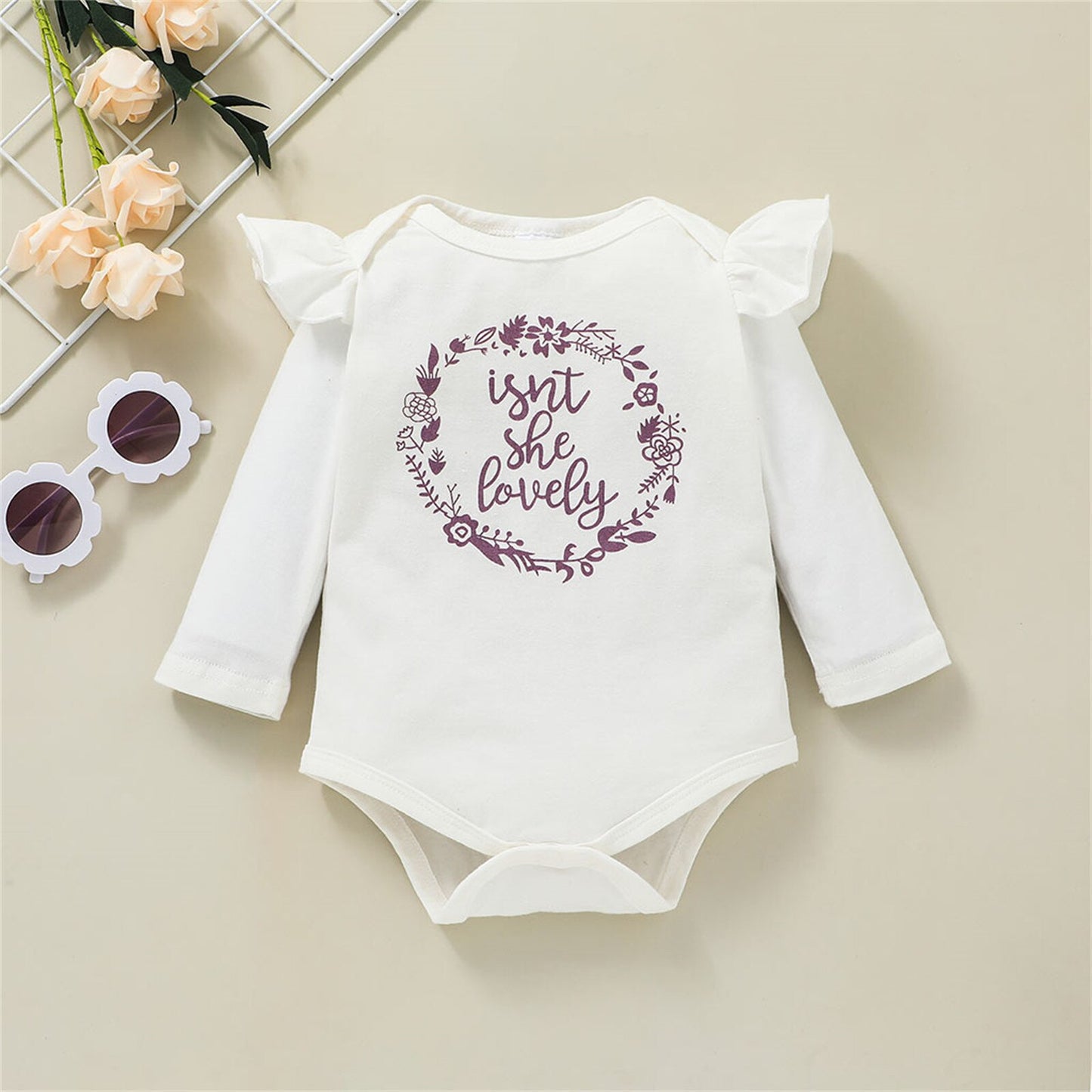 PatPat 3-piece Baby Girl Letter Print Ruffled Bodysuit and Polka Dots Pants with Headband Set