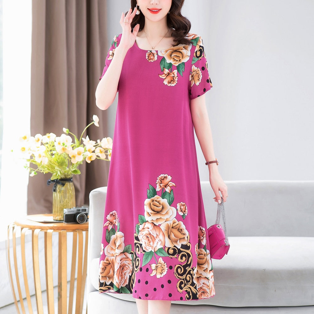 New Fashion 2023 Summer Dress For Long Vintage Loose Women Elegant Short Sleeve Casual O-neck Dresses Print Woman Clothing