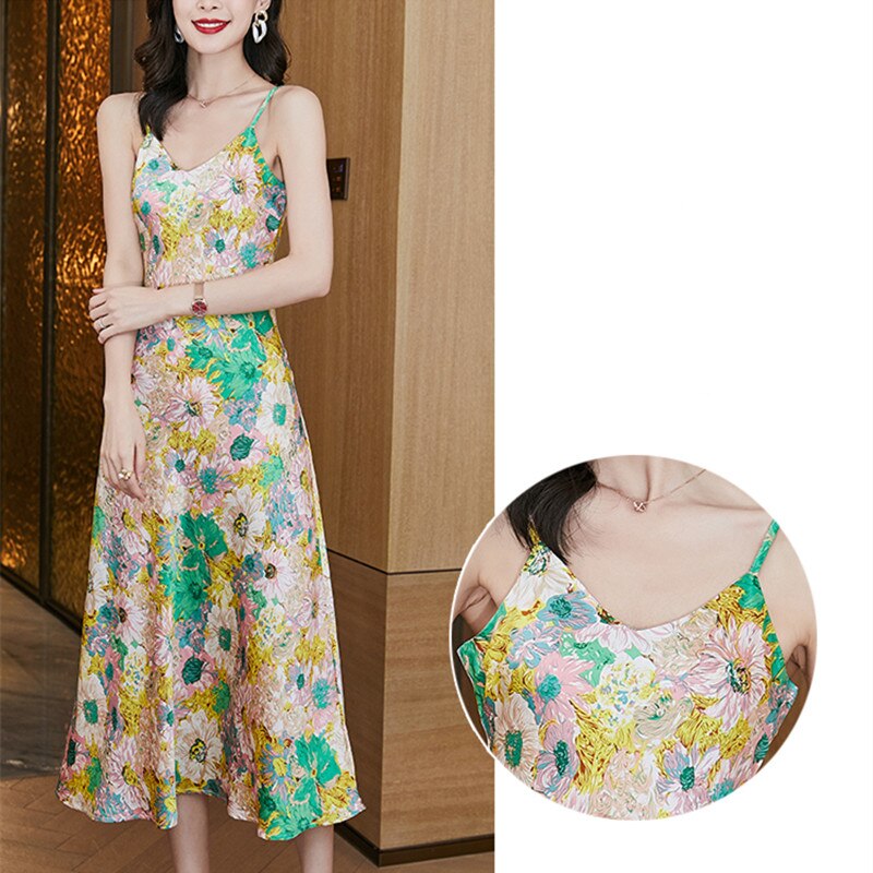 Silk Women's Summer Dress V-Neck Satin Fashion Party Dresses for Women 2022 Print A-line Backless Casual Elegant Female Clothing